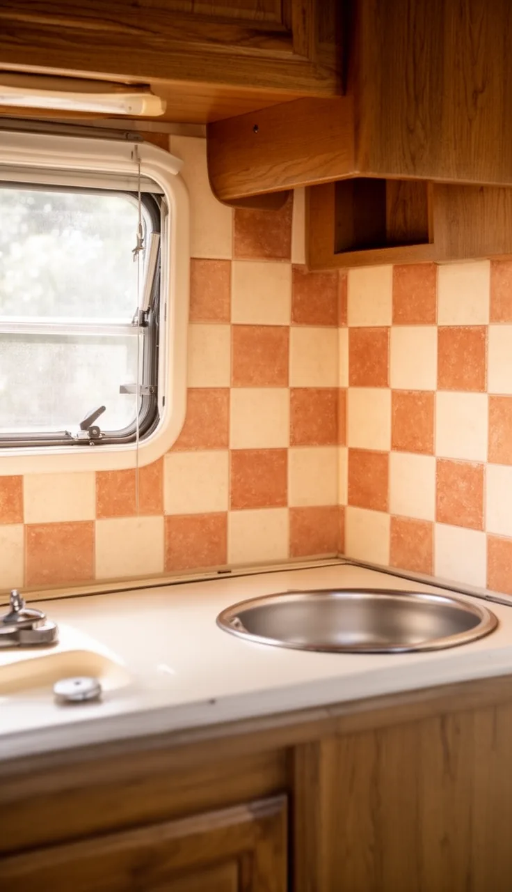 Camper kitchen backsplash in warm cream and terracotta checkerboard tile behind a small counter