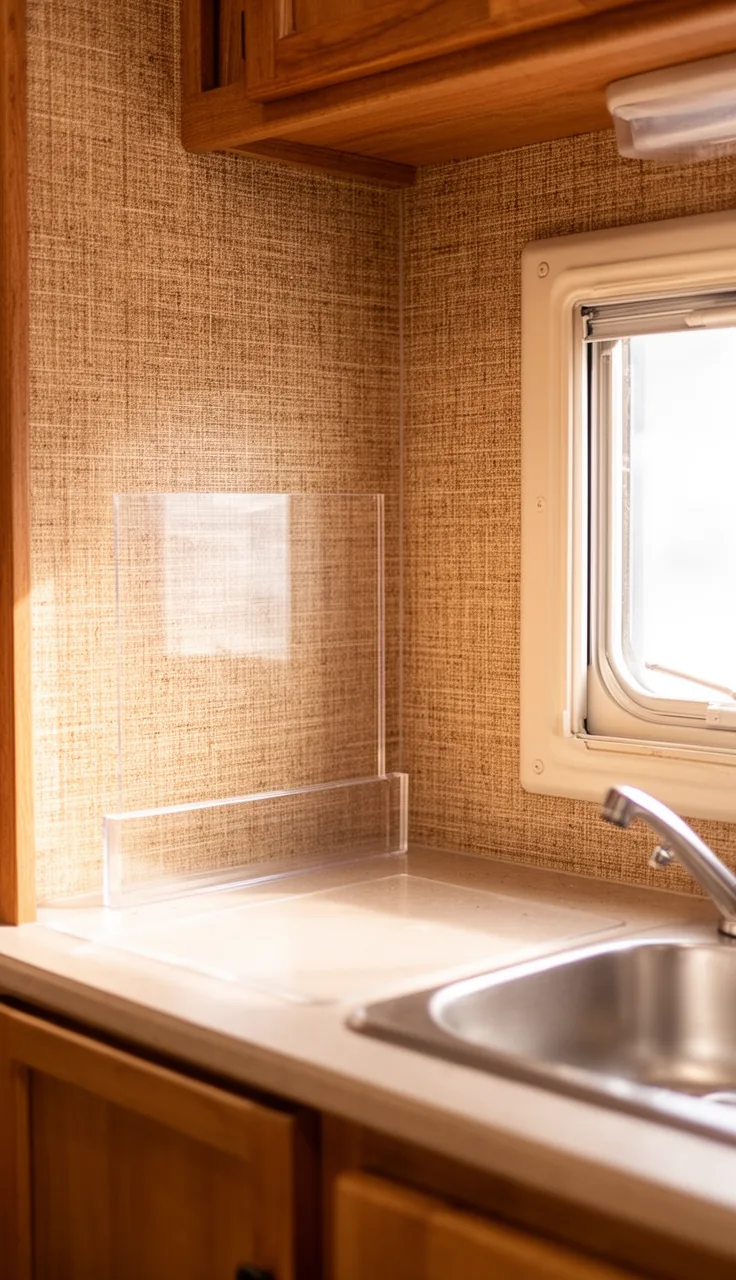 Camper kitchen backsplash in warm woven grasscloth-look wall behind a clear panel