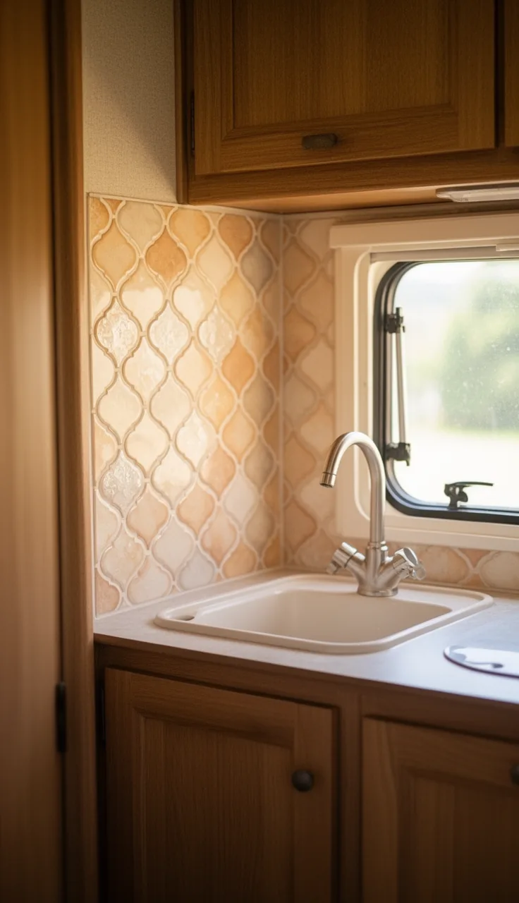 Camper kitchen backsplash in soft warm arabesque lantern-shaped tile behind a small sink