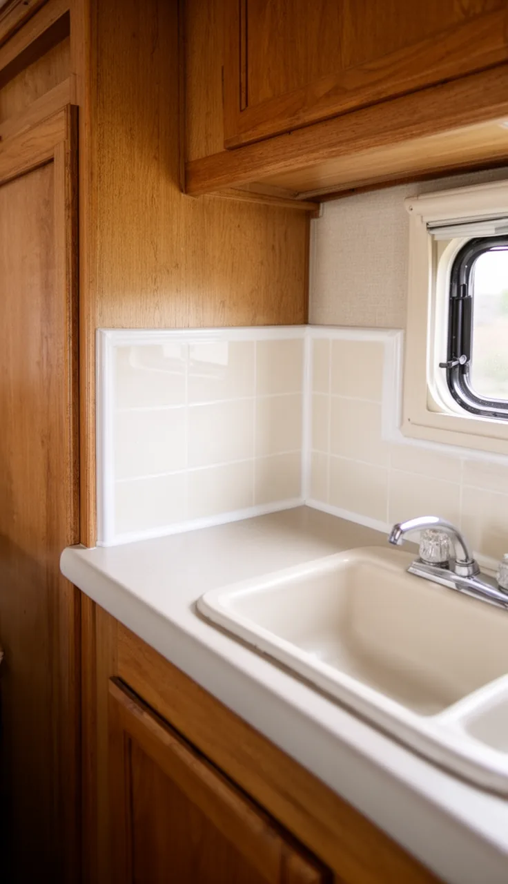 Camper kitchen backsplash of old tile refreshed with clean white grout and freshly painted tile