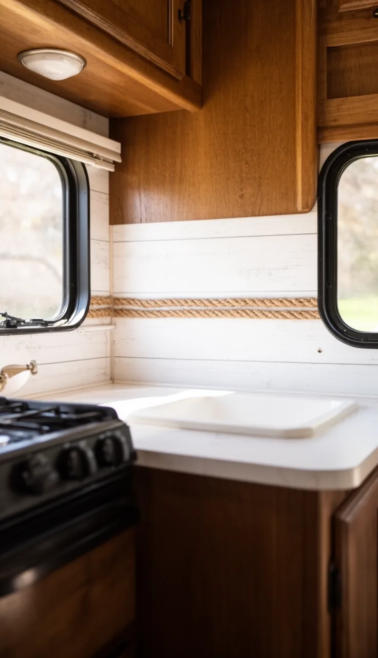 Camper kitchen backsplash in warm white shiplap with a rope trim detail behind a small counter
