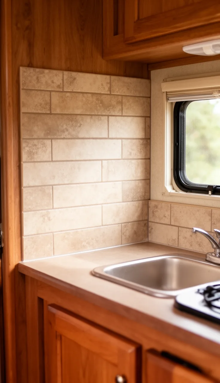 Cozy finished camper kitchen backsplash pulled together with warm cohesive colors and wood tones