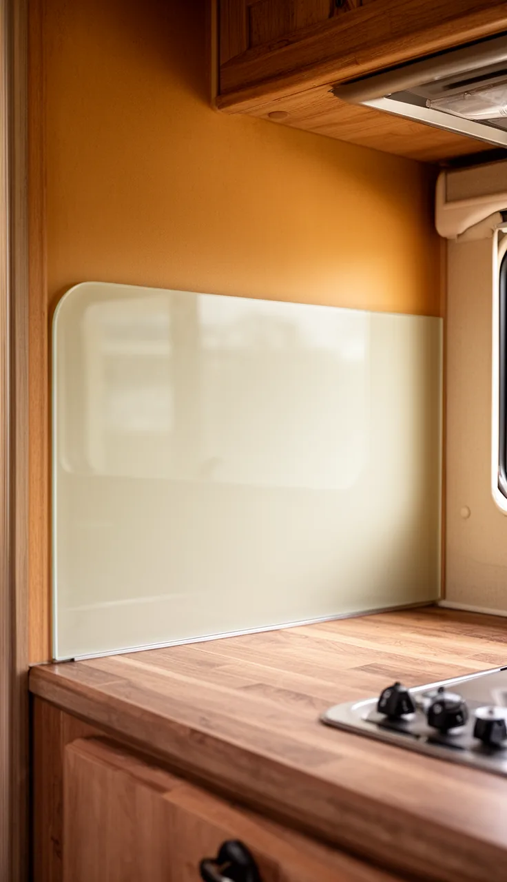 Camper backsplash in a smooth clear glass panel over a warm painted wall