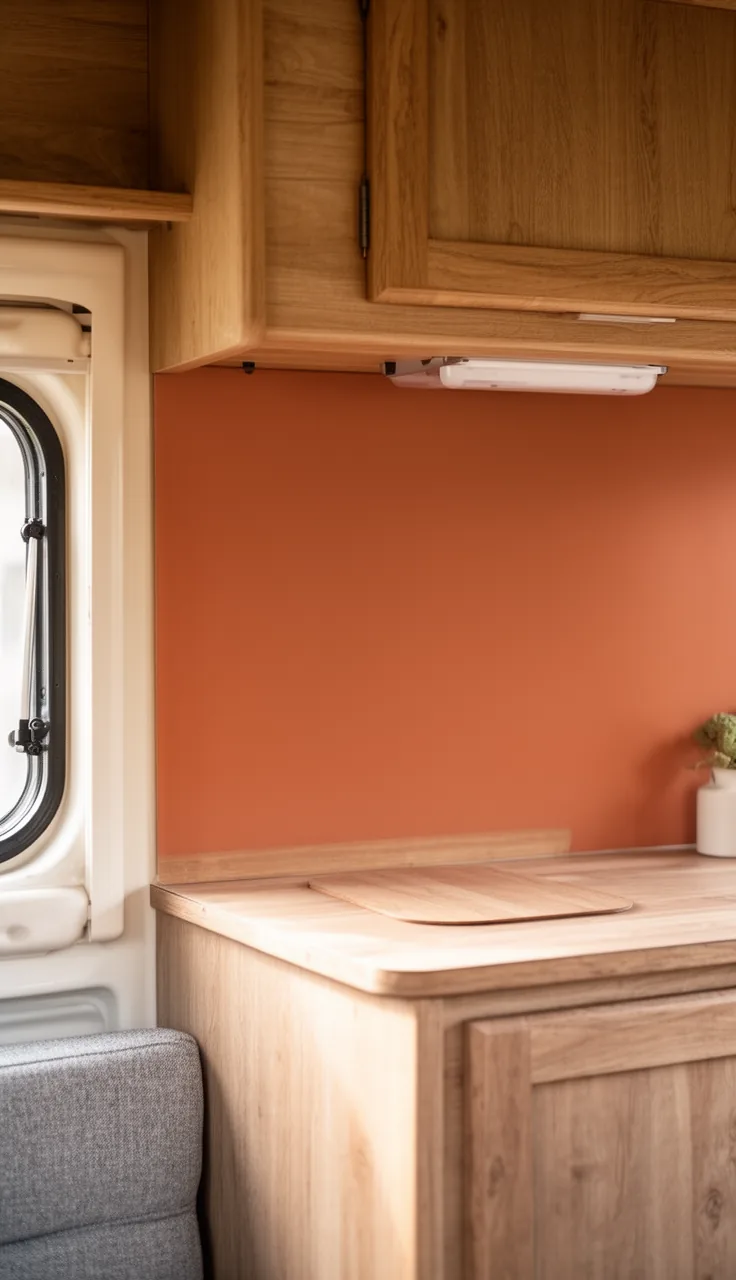 Camper backsplash in warm painted terracotta color behind a small counter