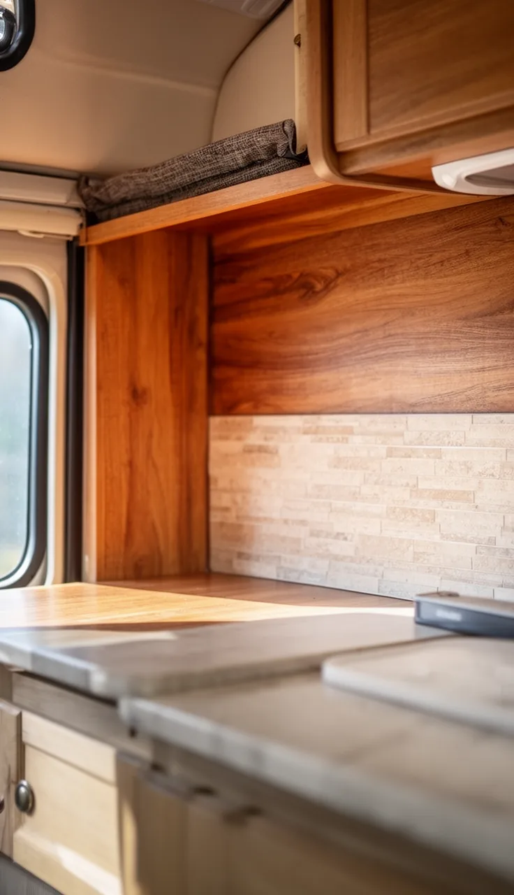 Camper backsplash mixing a warm wood shelf and tile behind a counter