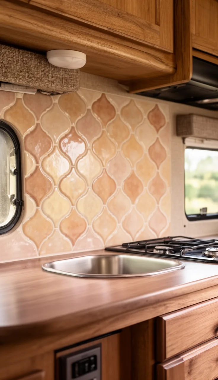 Camper backsplash in soft warm arabesque lantern-shaped tile