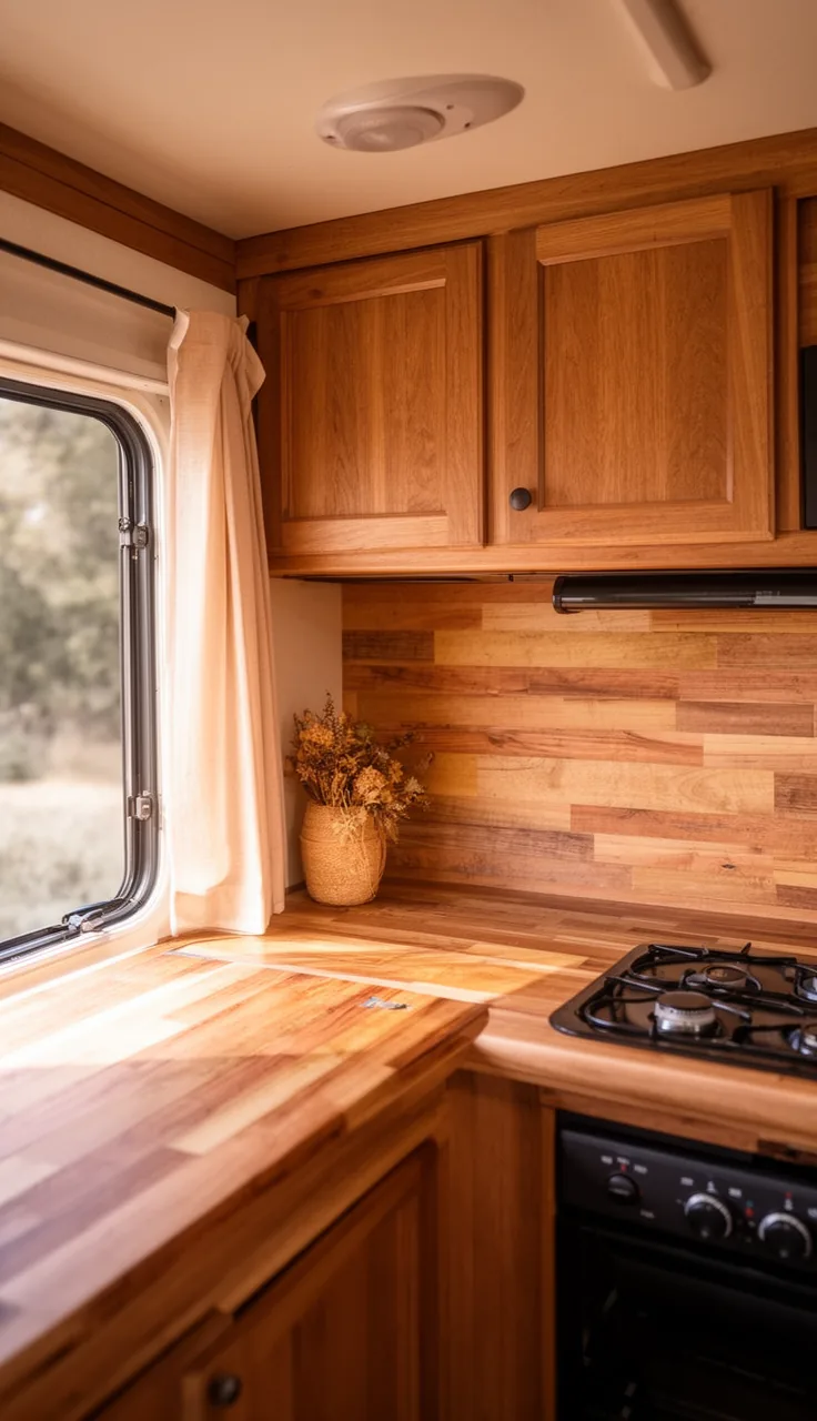 Cozy finished camper kitchen backsplash with warm cohesive colors and wood