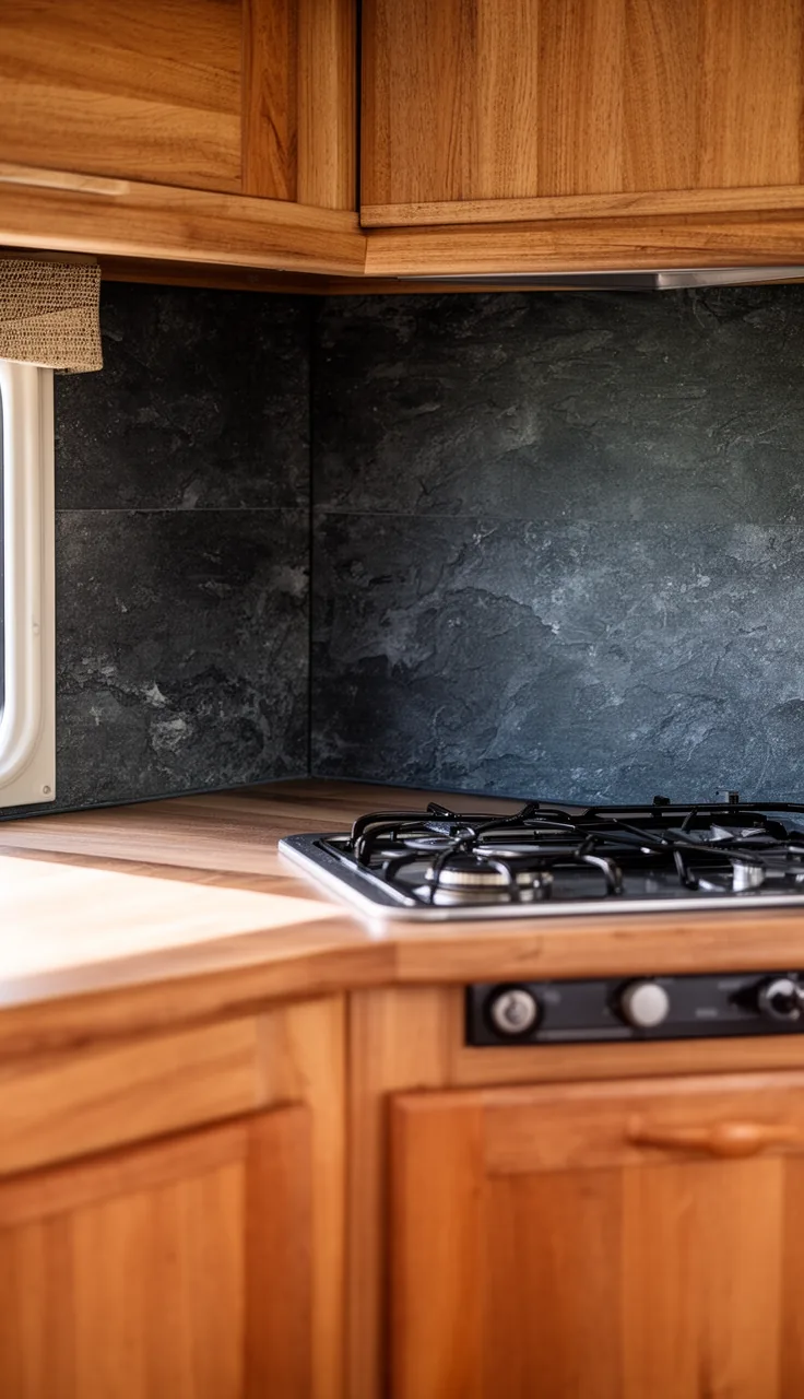 Camper backsplash in dark moody slate-look tile behind a small stove