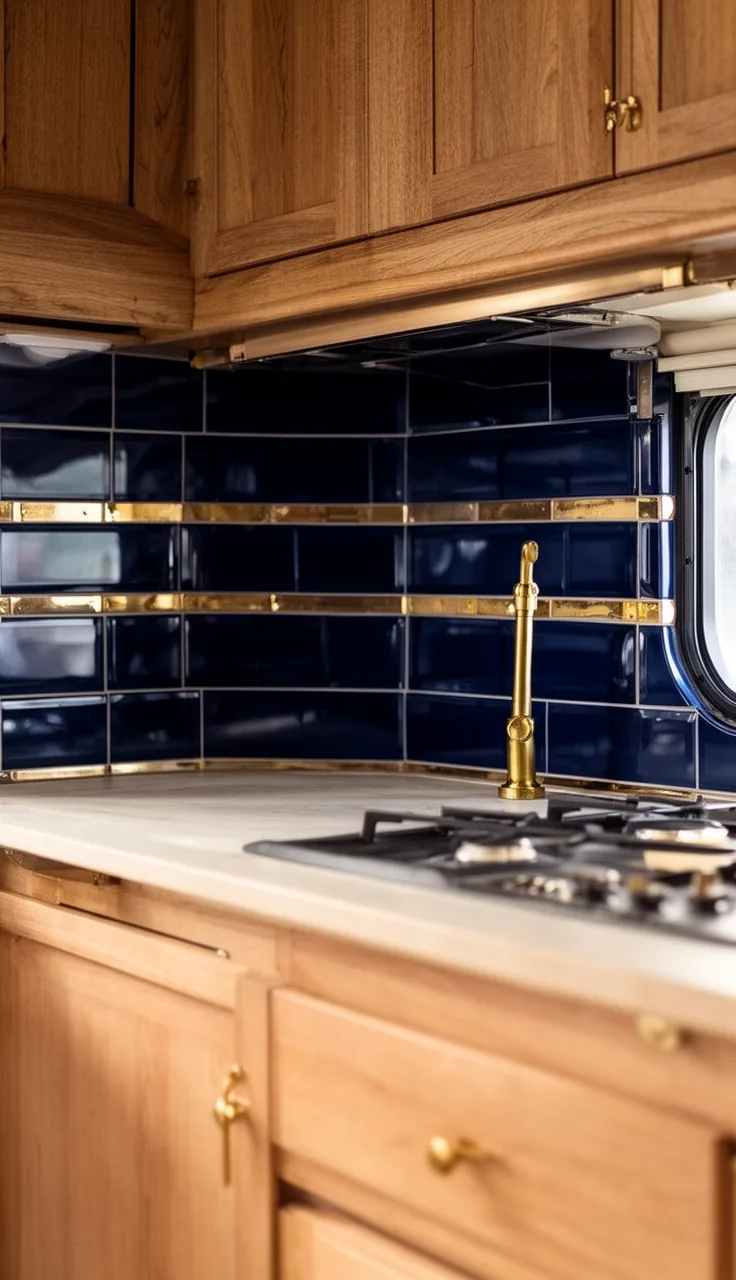 Camper backsplash in deep glossy navy blue tile with warm brass accents
