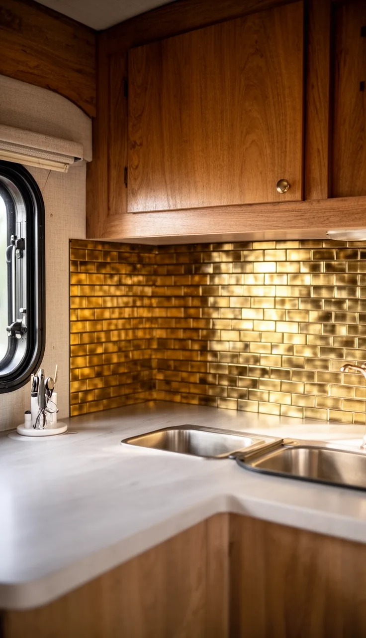 Camper backsplash in warm brushed brass metal tile behind a counter
