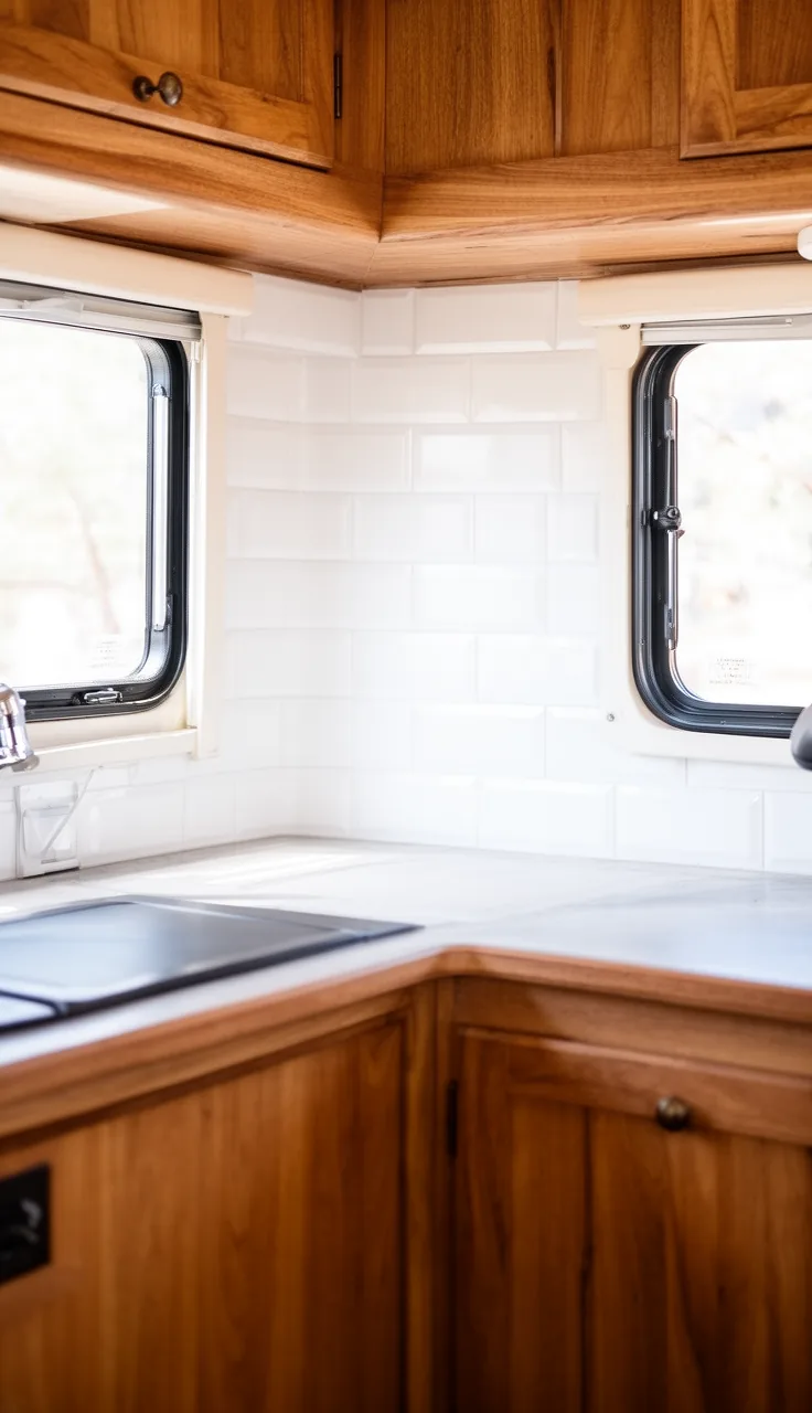 Camper backsplash in bright white beveled subway tile, clean and airy