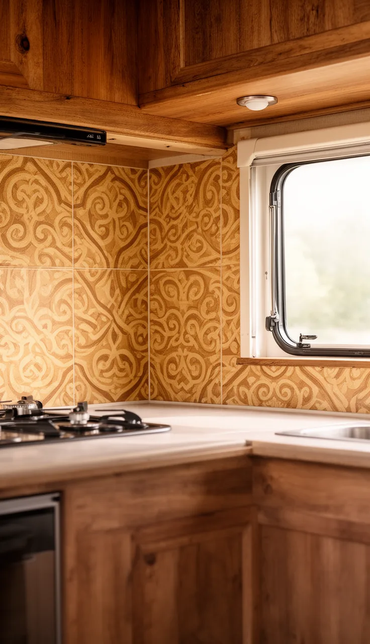 Camper backsplash in warm patterned encaustic-look geometric tile