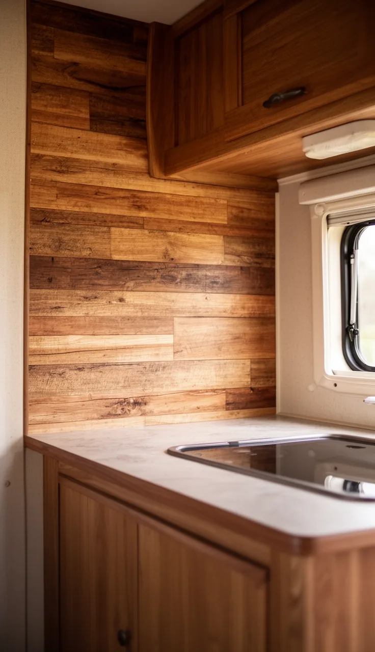 Camper backsplash in warm reclaimed-look wood plank behind a small counter