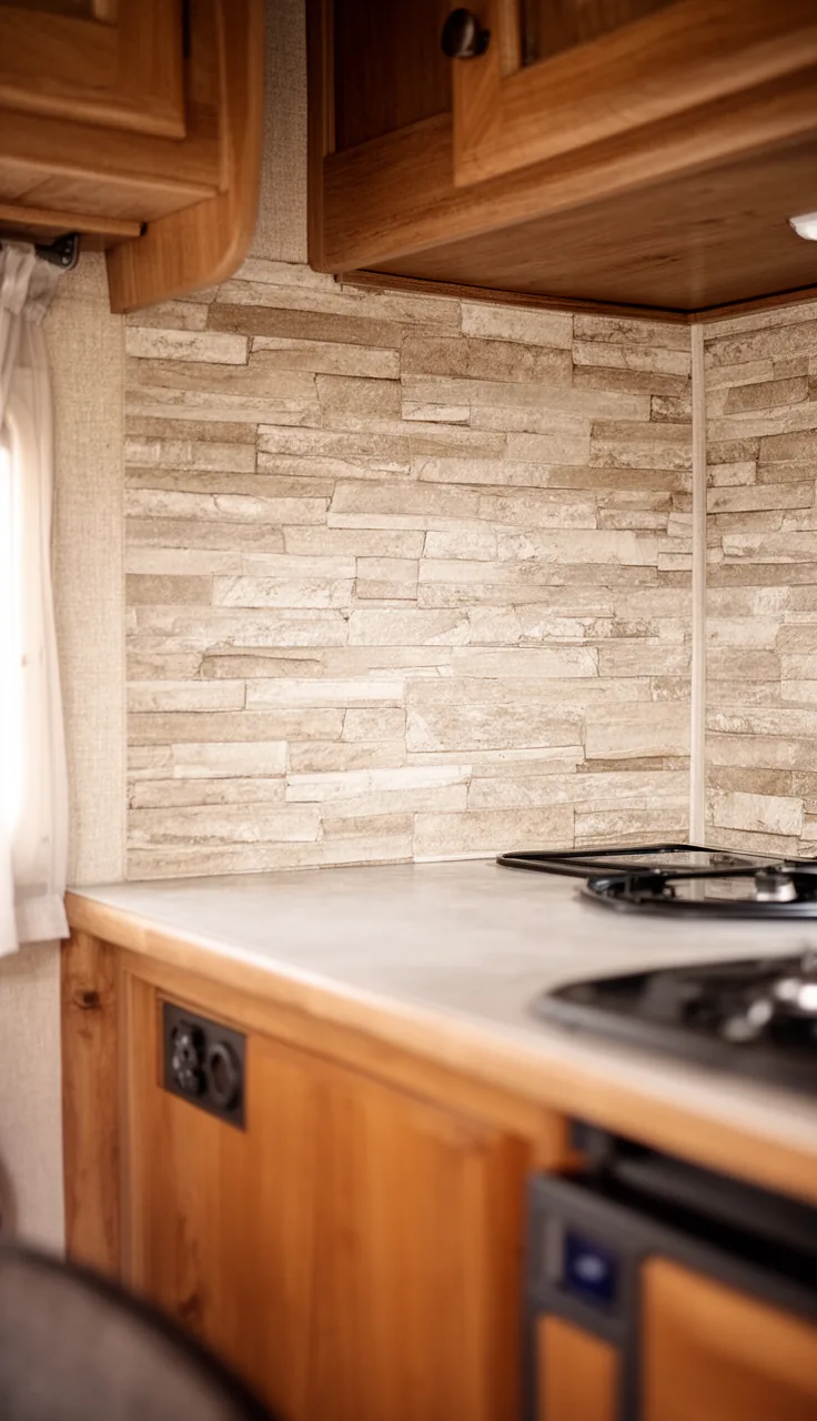 Camper backsplash in warm neutral stacked stone-look panel