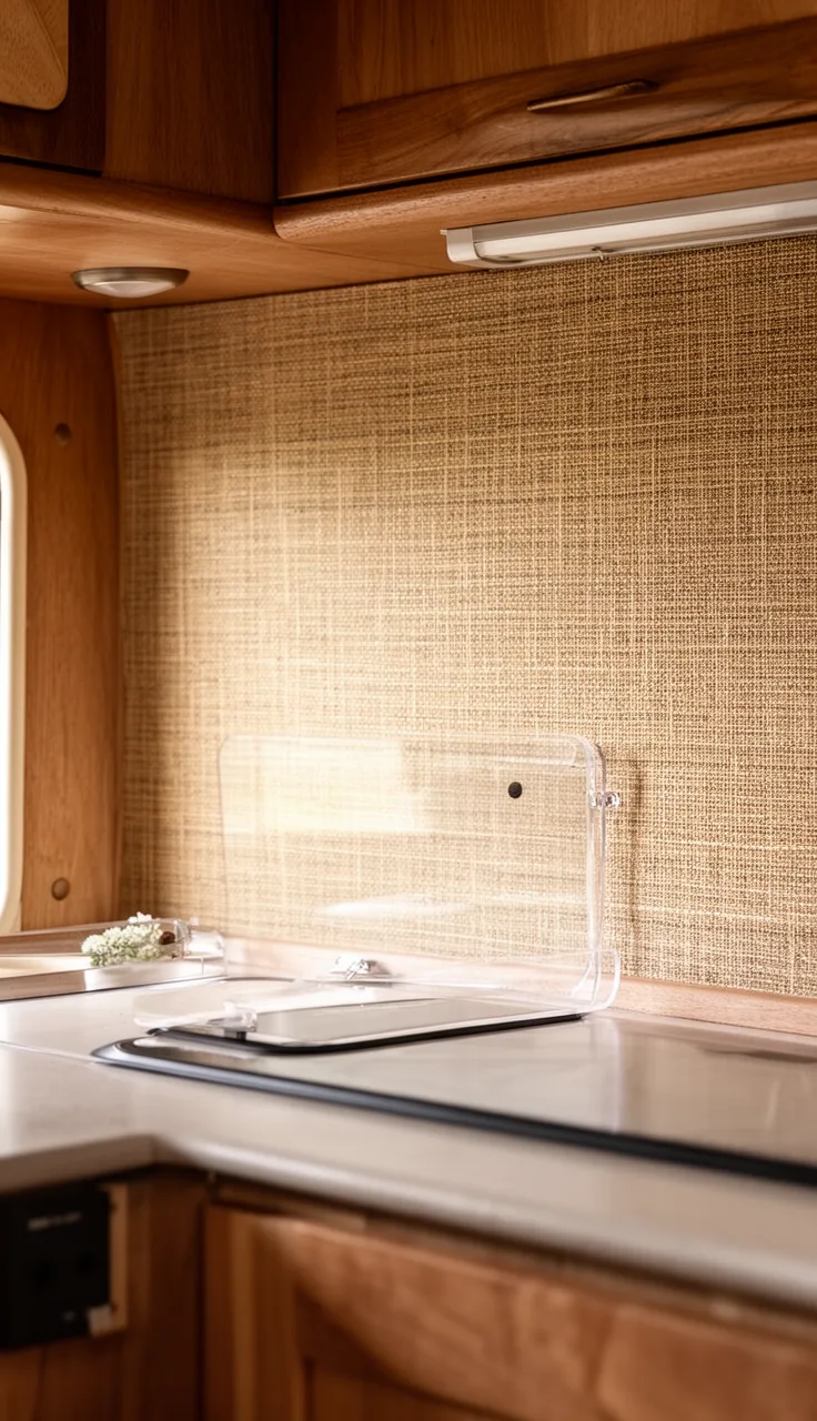 Camper backsplash in warm woven grasscloth-look wall behind a clear panel