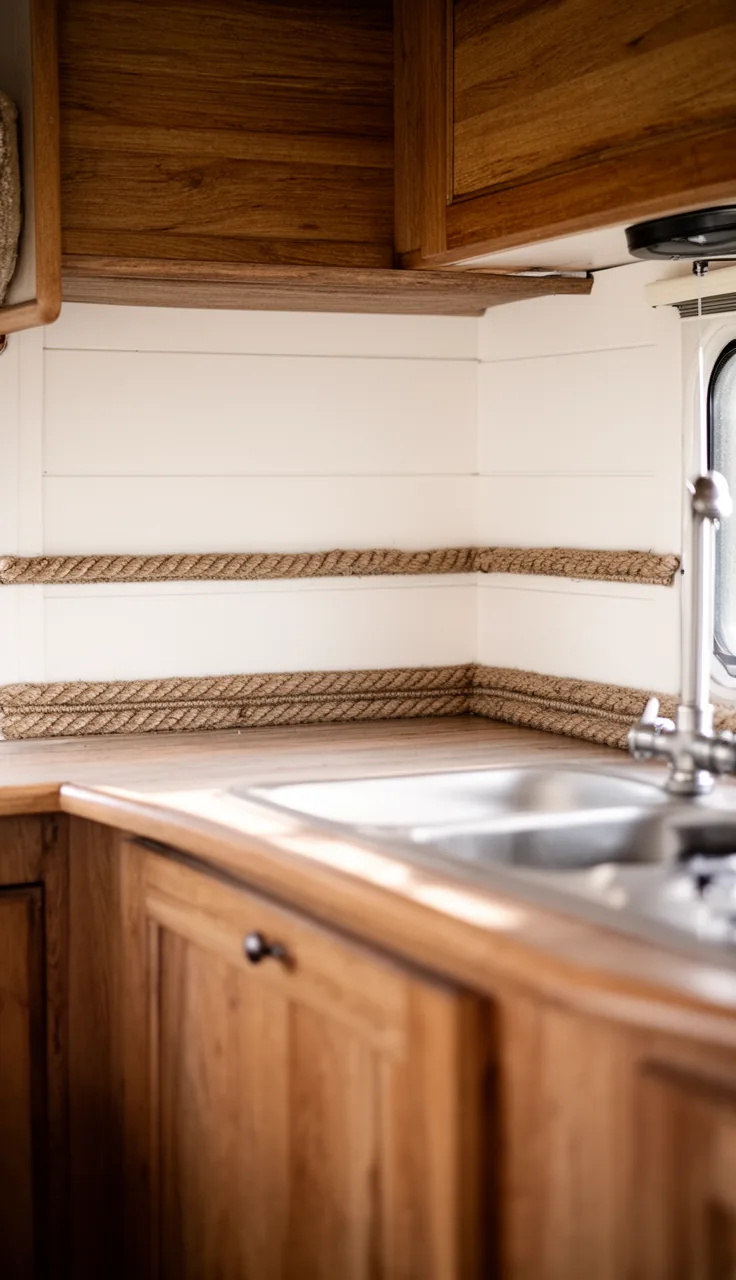 Camper backsplash in warm white shiplap with a rope trim detail