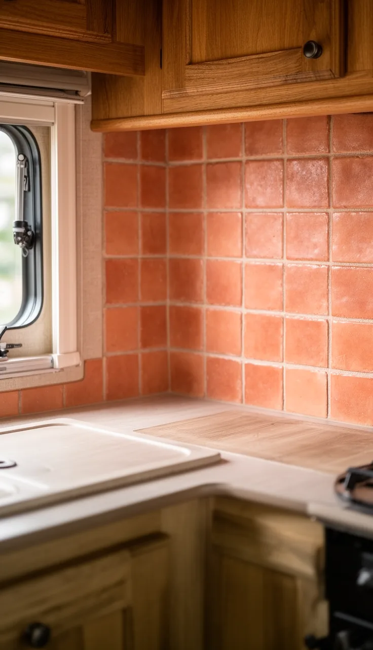 Camper backsplash in warm terracotta clay-look square tile
