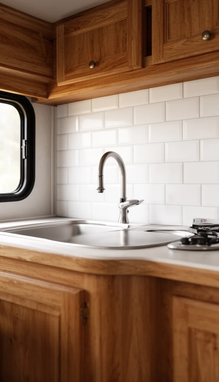 Small camper kitchen backsplash in white peel-and-stick subway tile behind a sink