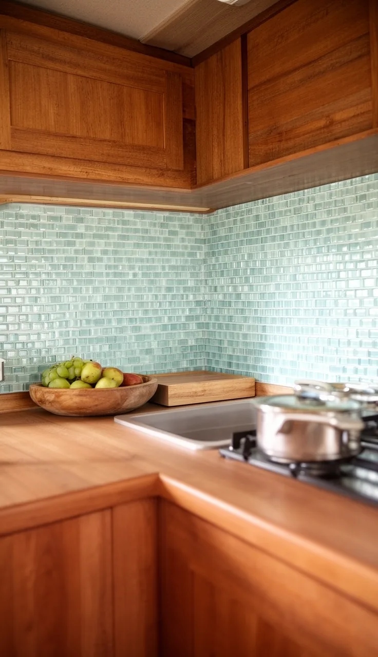 Camper backsplash in soft blue-green glass mosaic tile sheets in a warm galley