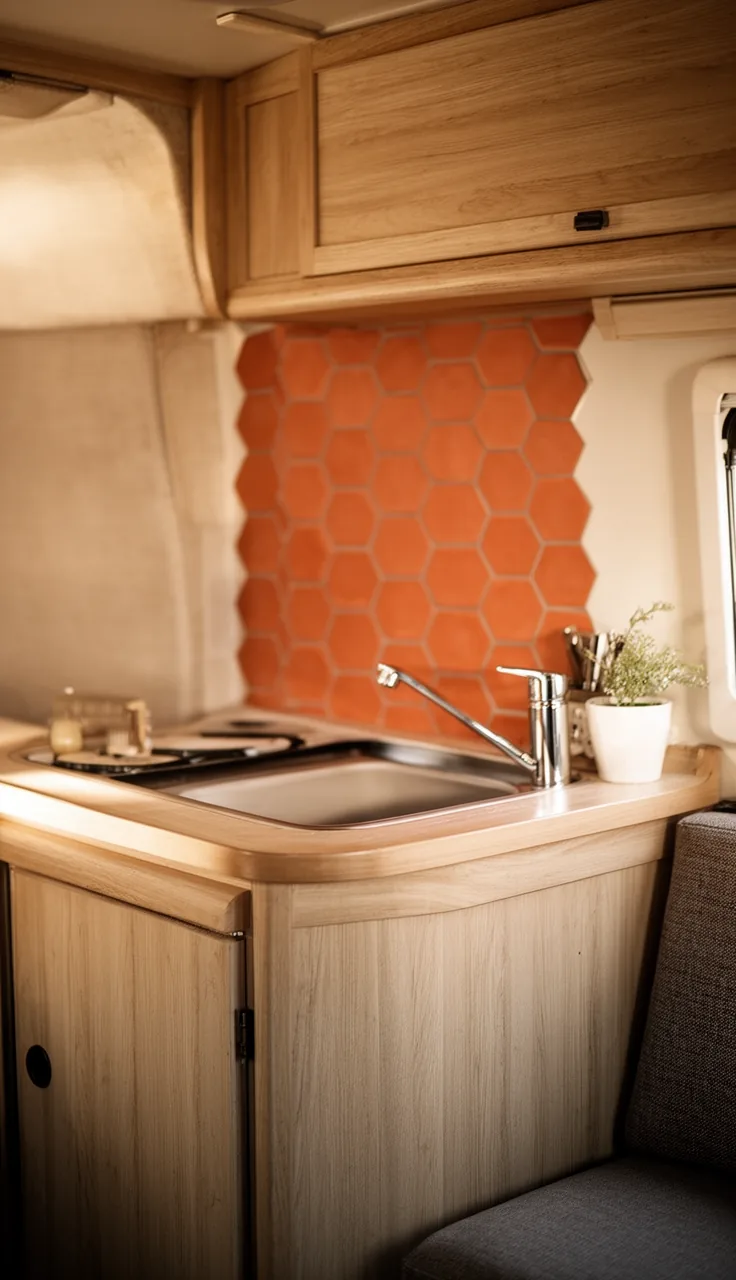 Camper backsplash in warm terracotta hexagon tile behind a small counter