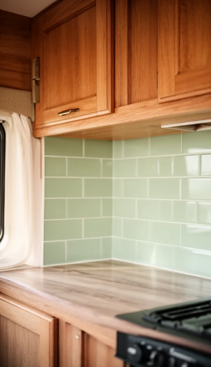 Camper backsplash in soft sage green subway tile with warm wood cabinets