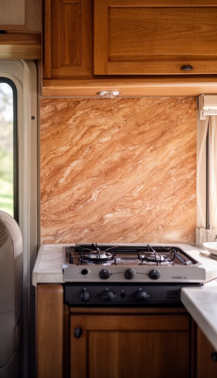 Camper backsplash in warm marble-look vinyl panel behind a small stove