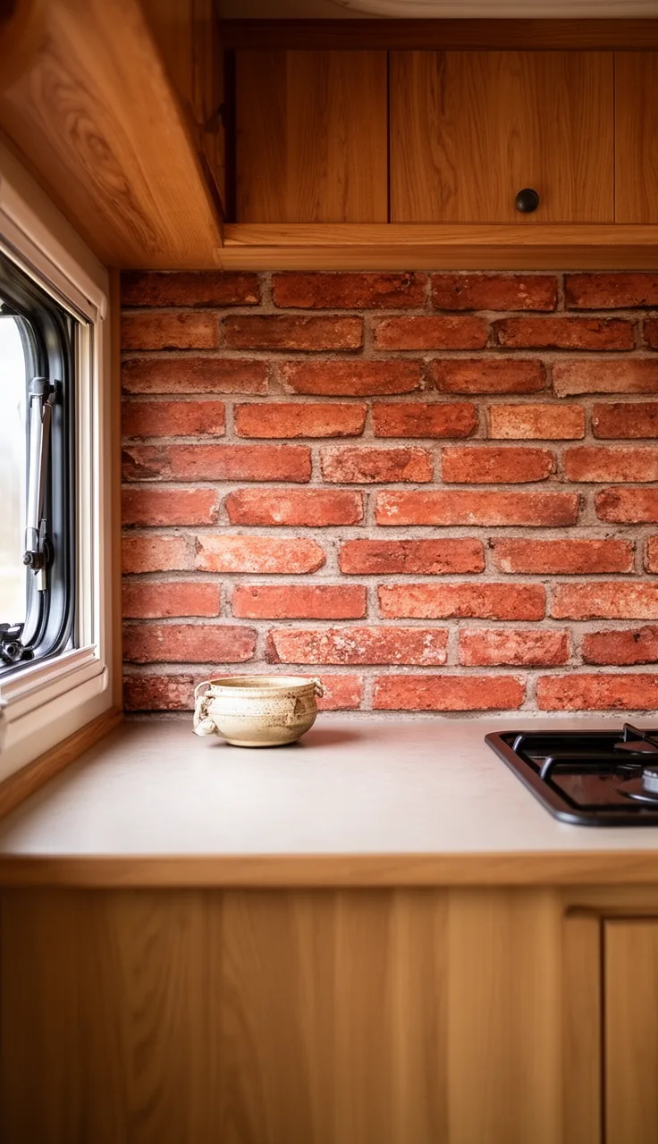 Camper kitchen backsplash in warm faux red brick behind a small counter