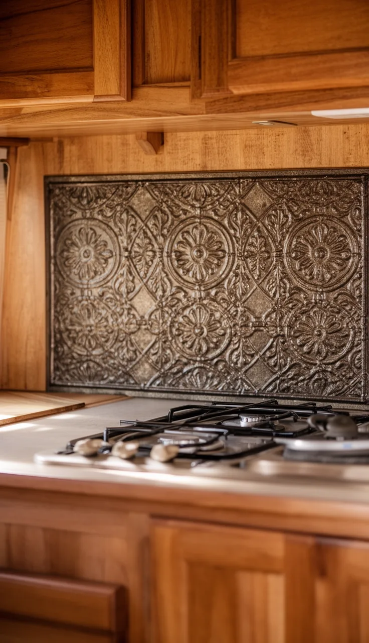 Camper backsplash in antique-look pressed tin panel behind a small stove