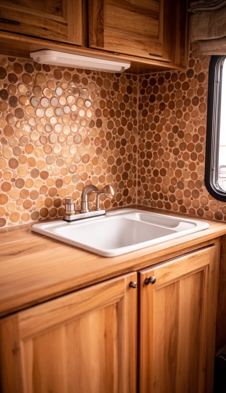 Camper backsplash in warm earthy penny-round tile behind a sink