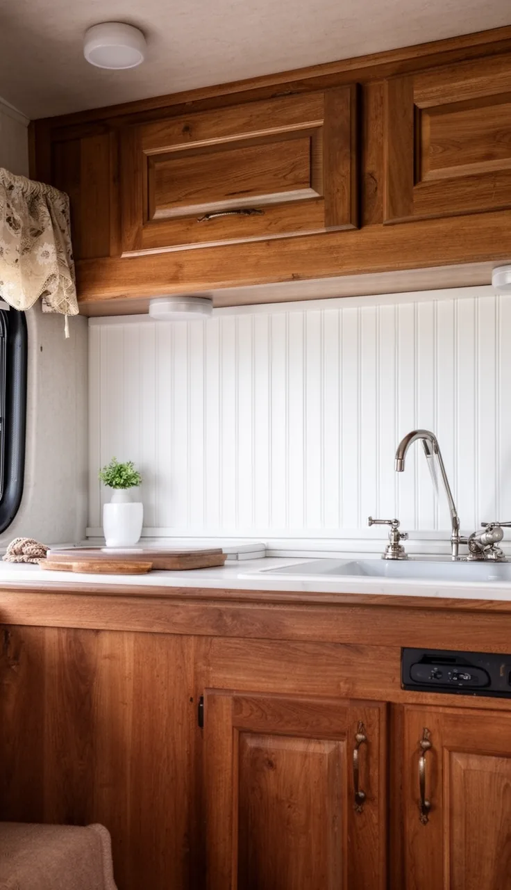 Camper backsplash in painted white beadboard for a cottage feel