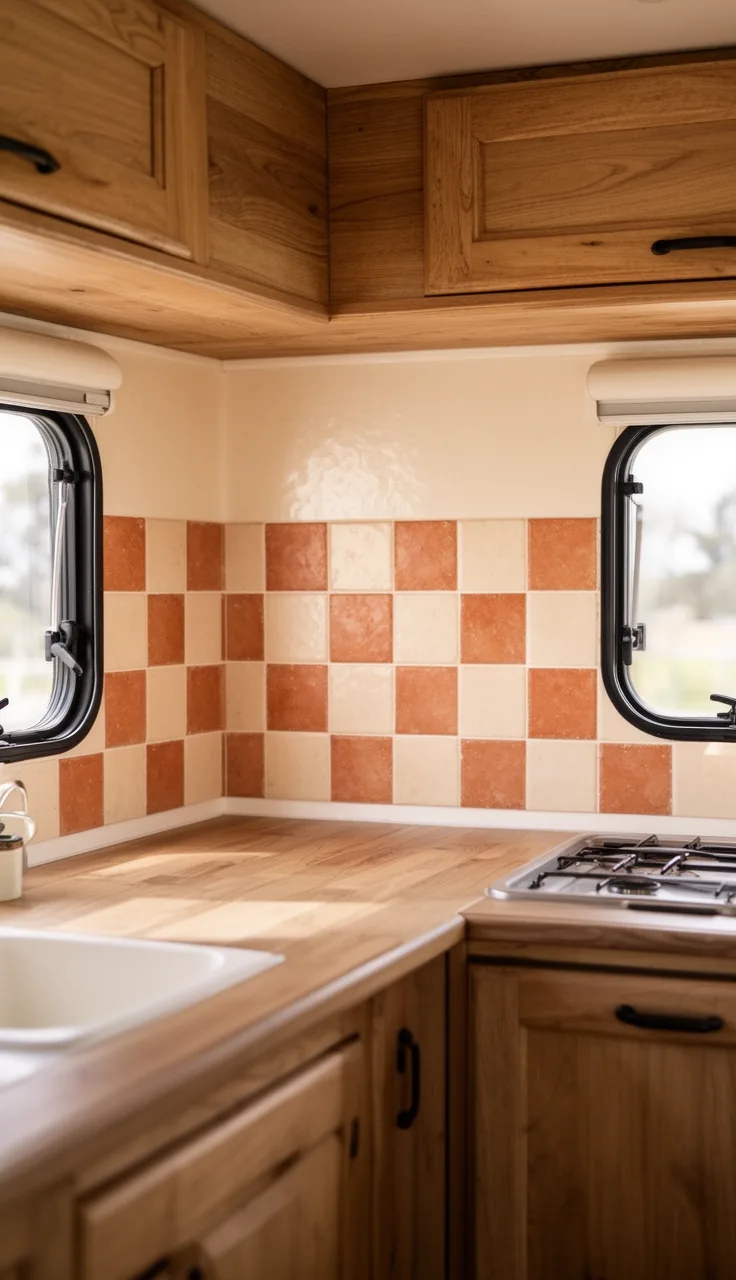Camper backsplash in warm cream and terracotta checkerboard tile