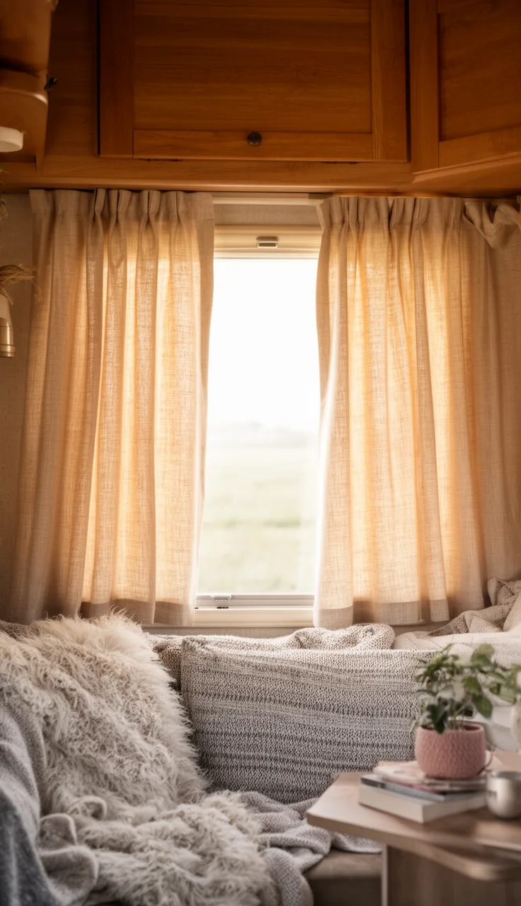 Warm linen no-sew camper curtains hung across a cozy RV window with soft daylight