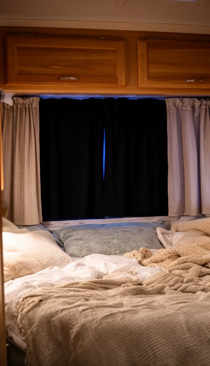 Dark blackout camper curtains pulled shut over an RV bedroom window at night