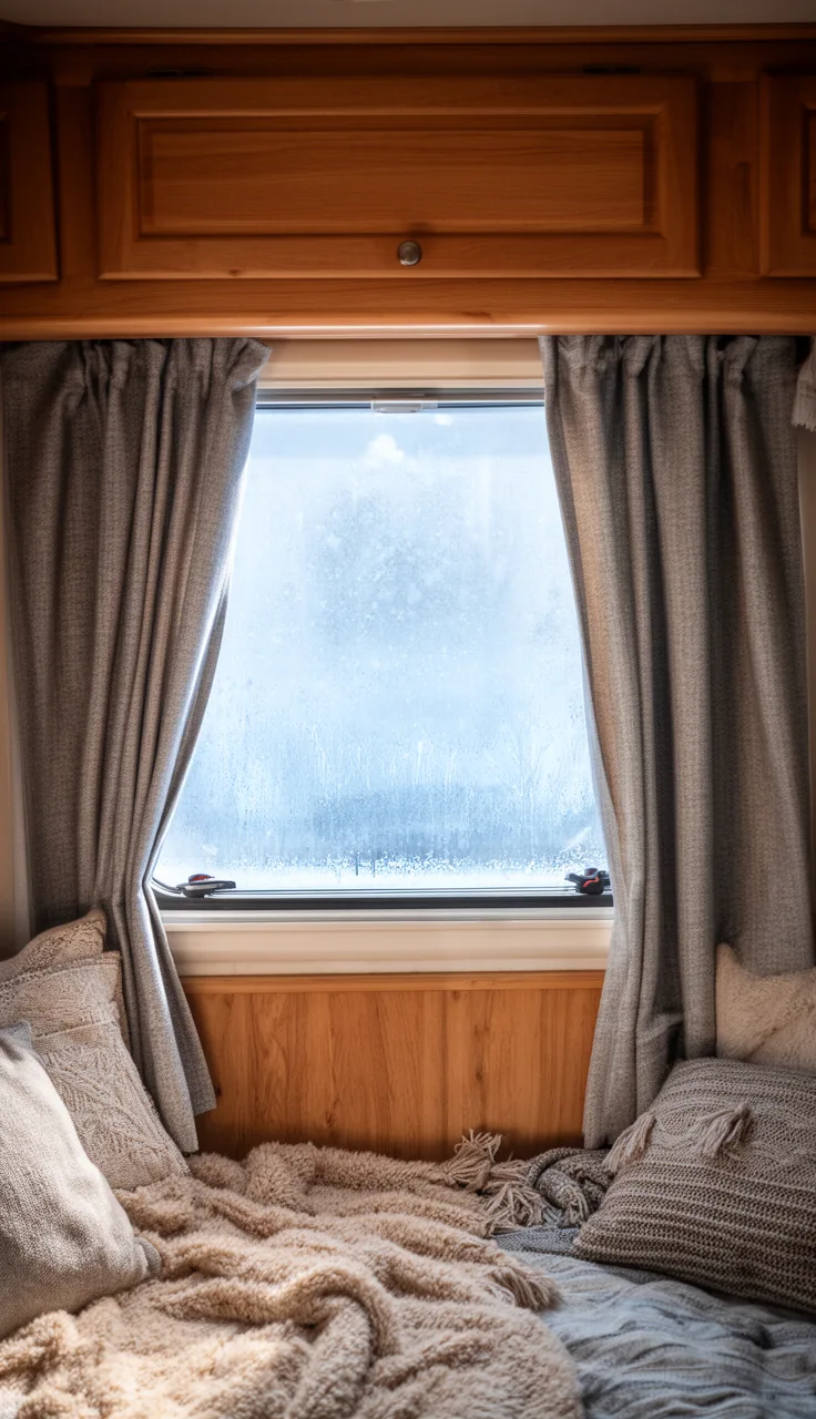 Thick thermal-lined camper curtains framing a frosty RV window in cool light