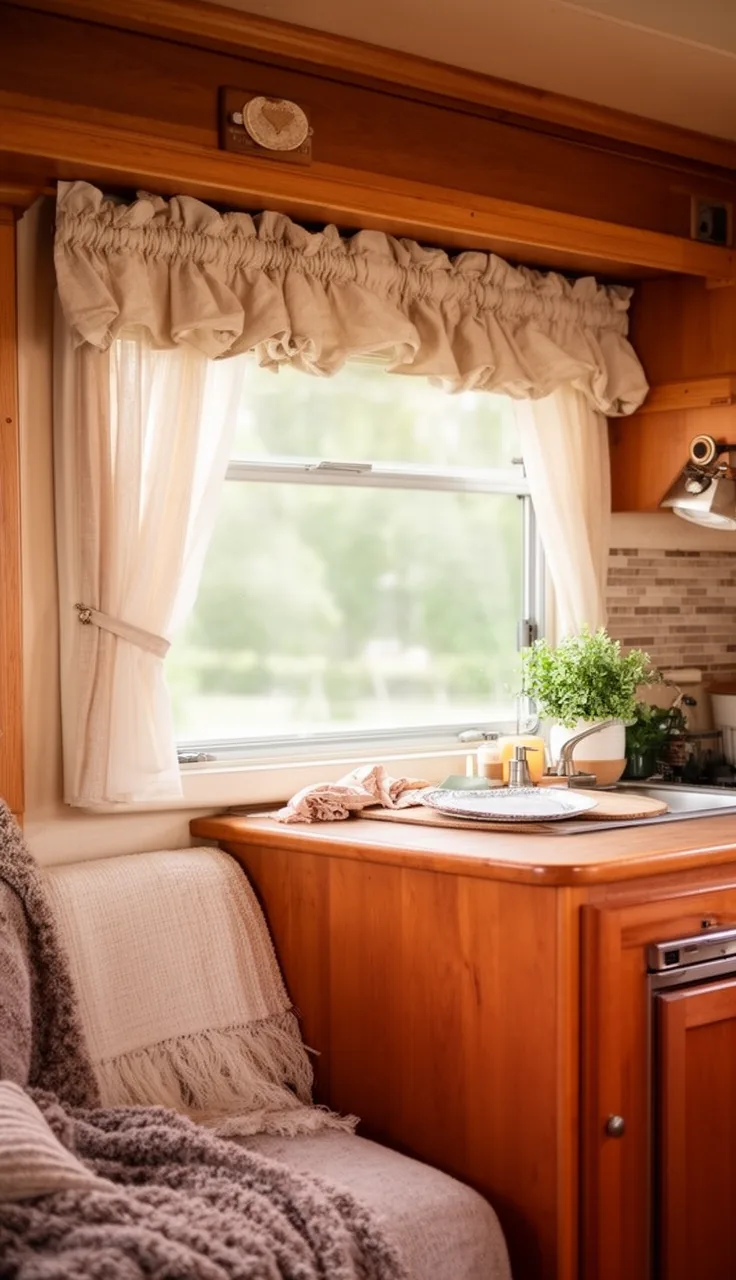 Soft gathered camper valance across the top of a warm-toned RV kitchen window
