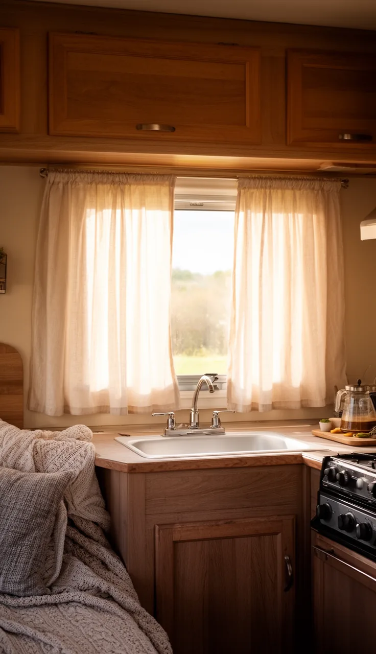 Half-height cafe curtains on a camper kitchen window letting morning light over the sink