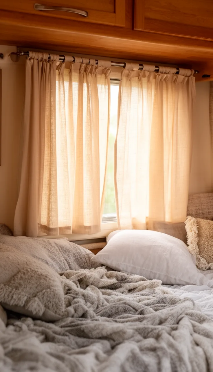 Camper curtains hung on a tension rod inside an RV window frame with no drilling