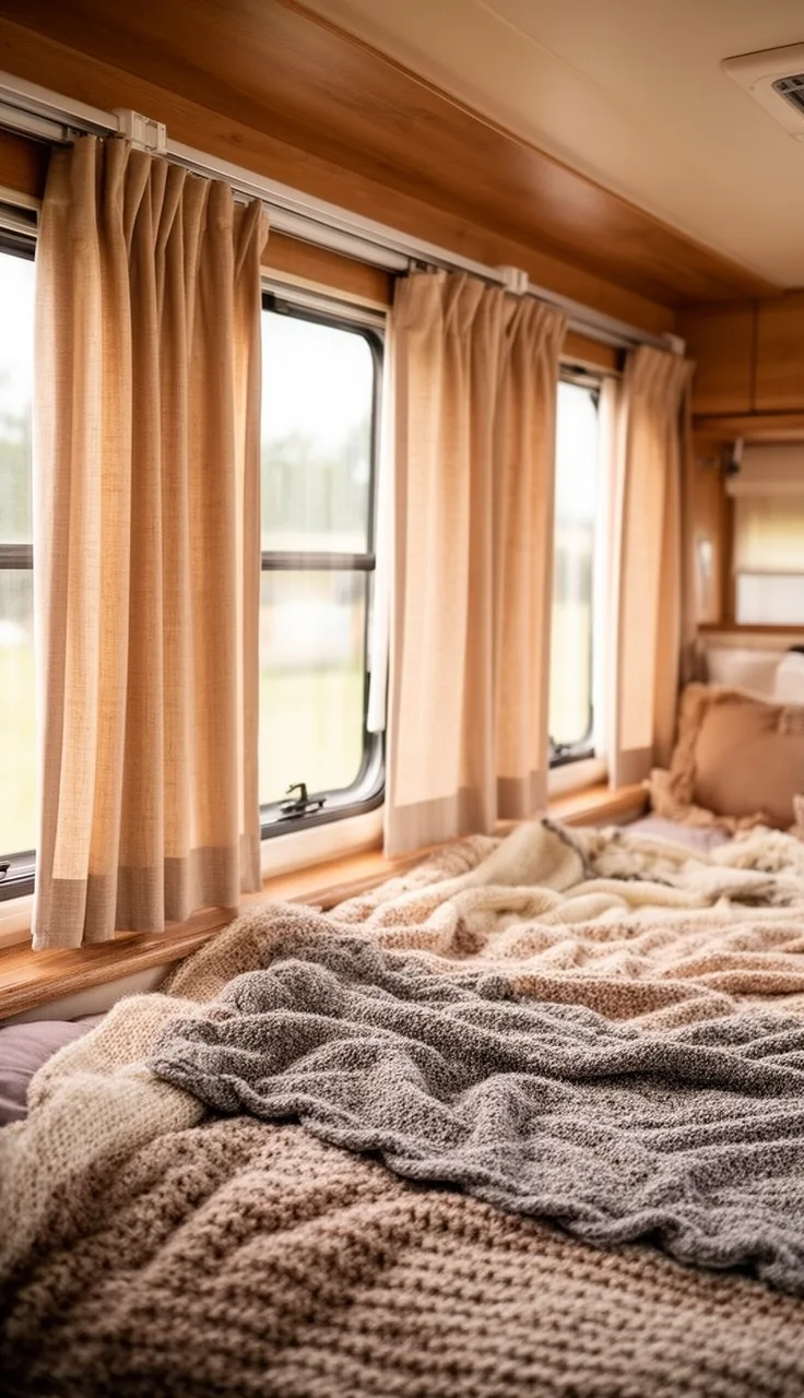 Ceiling-mounted curtain track with gliding panels along a long camper wall of windows