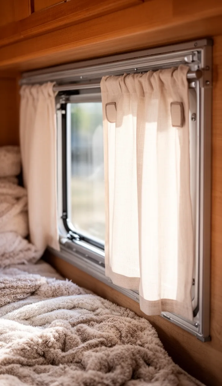 Light curtain panel held to a metal camper window frame with small sewn-in magnets
