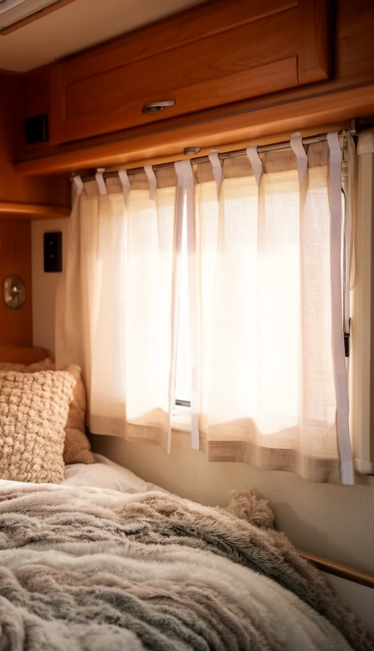 Camper curtains fastened with hook-and-loop tabs so they stay closed on a moving RV