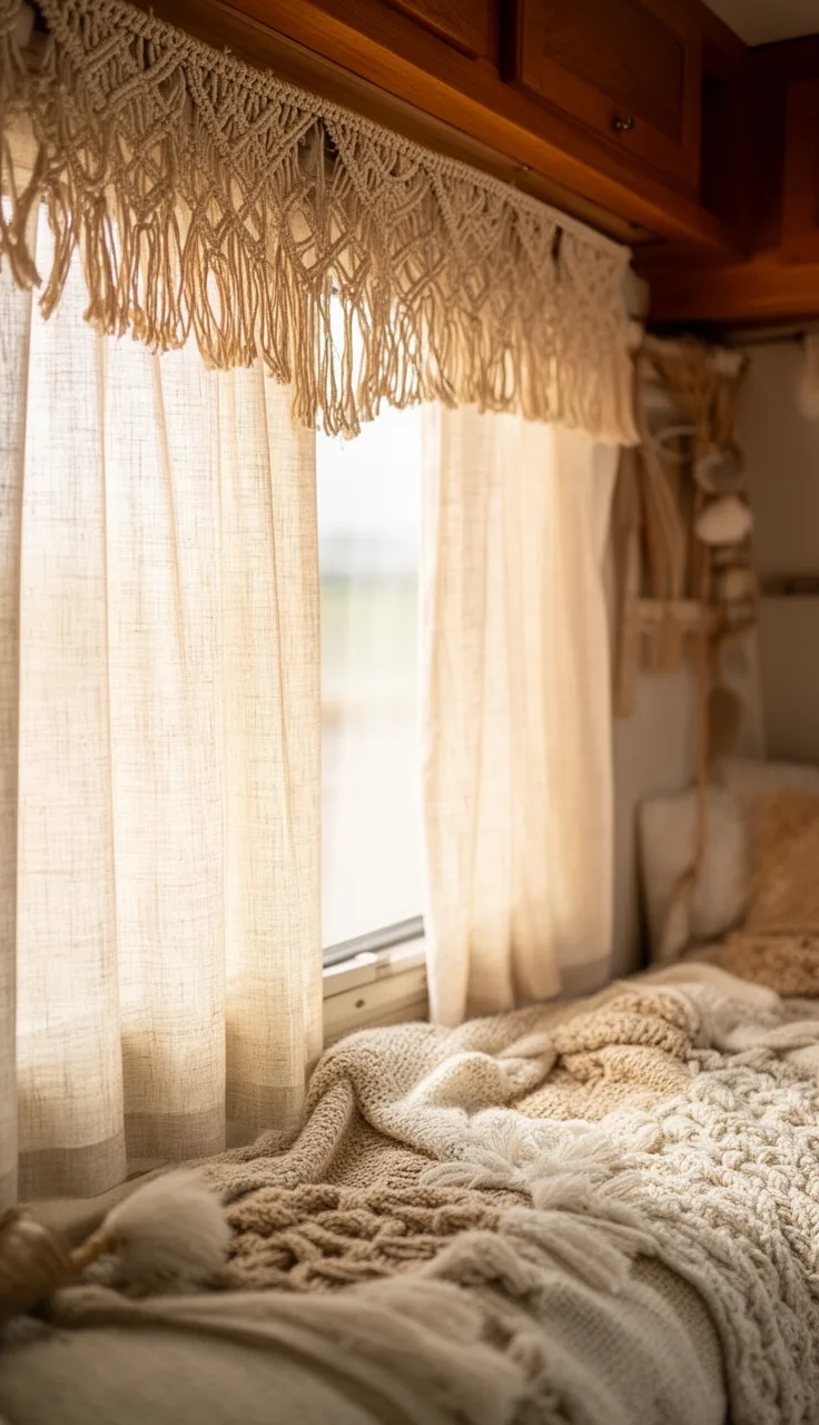 Natural linen camper curtains with a macrame valance in a warm boho RV interior