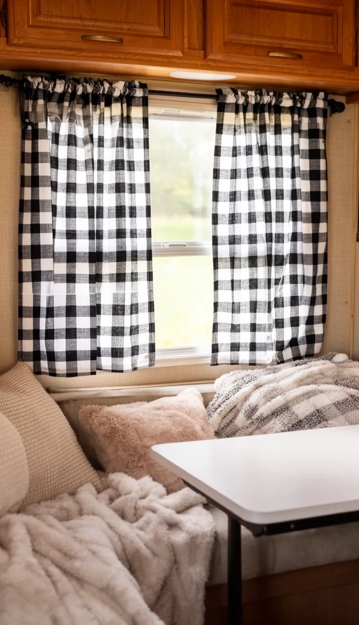 Black and white buffalo check camper curtains over a cozy farmhouse-style RV dinette