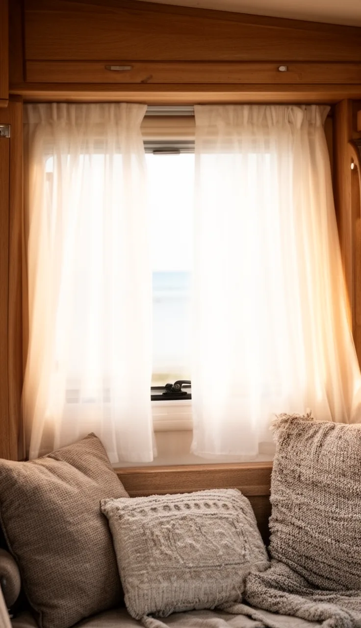 Airy white sheer curtains glowing with soft light in a bright coastal camper