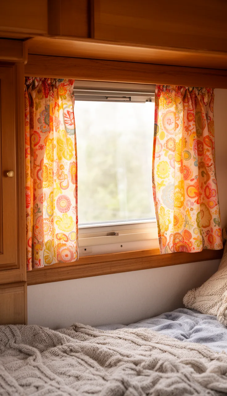 Cheerful retro patterned curtains in a restored vintage camper with warm wood trim