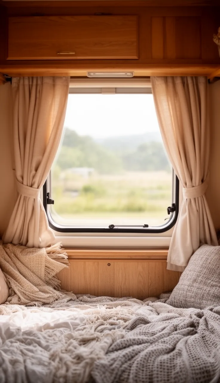 Camper curtains swept to the sides with simple fabric tie-backs framing an open window