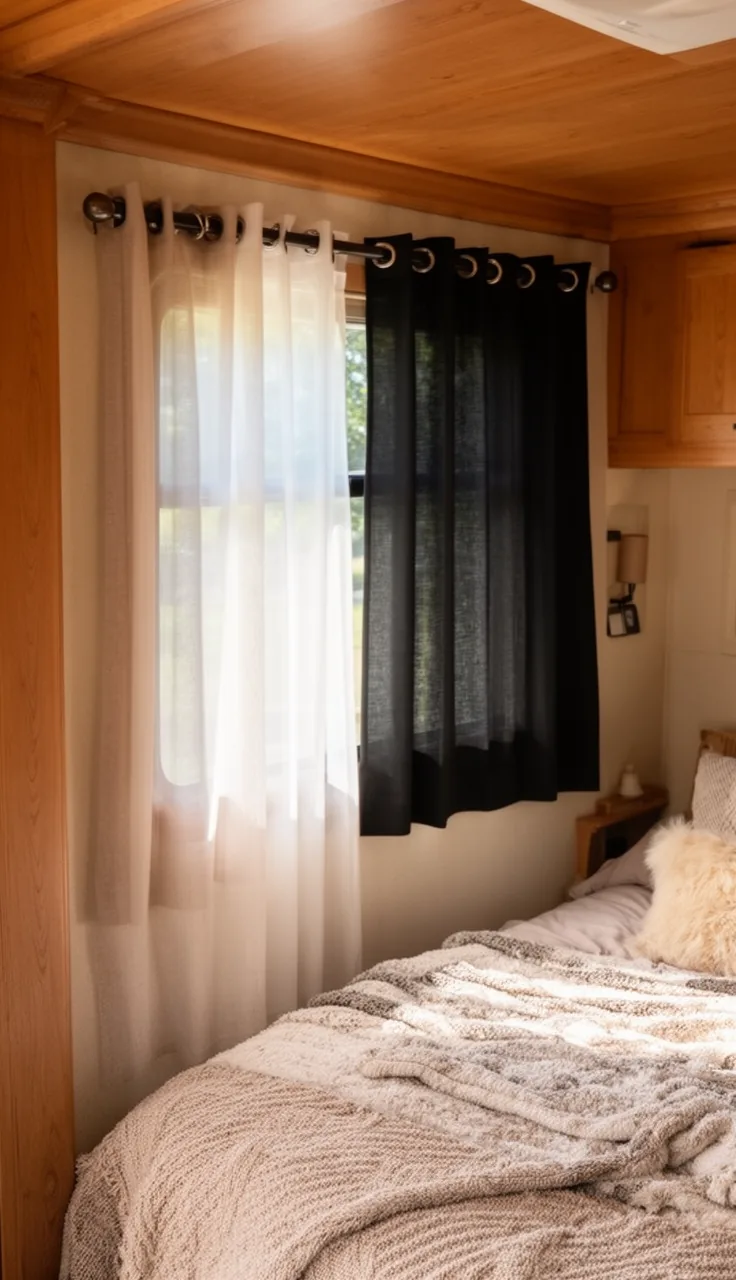 Layered sheer and blackout camper curtains on a double rod at an RV bedroom window