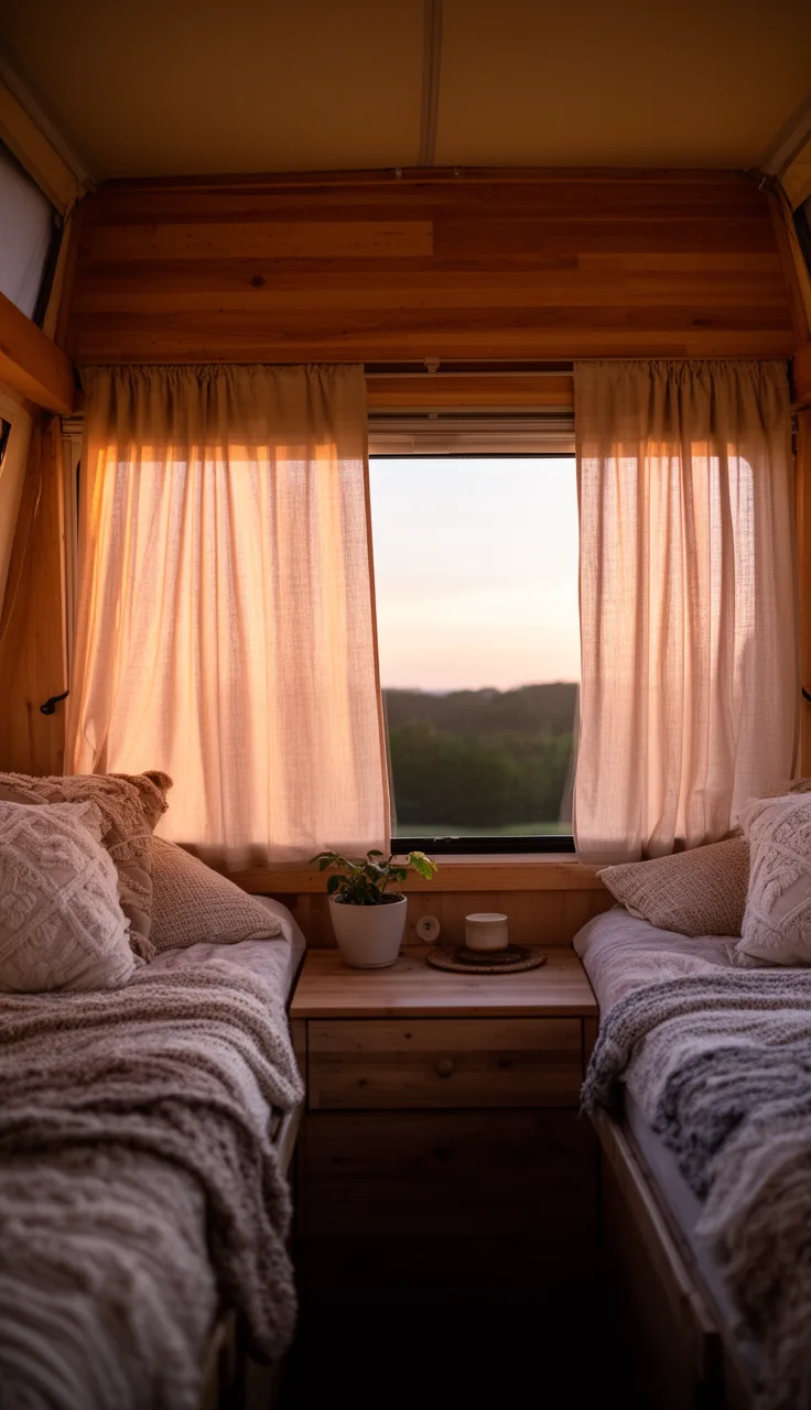 Soft curtains screening the canvas bunk ends of a cozy pop-up camper at dusk