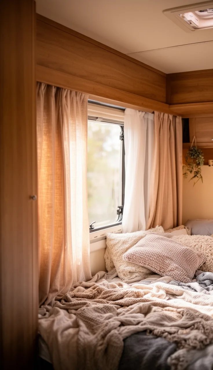 A soft curtain drawn across a camper to separate the sleeping nook from the living area