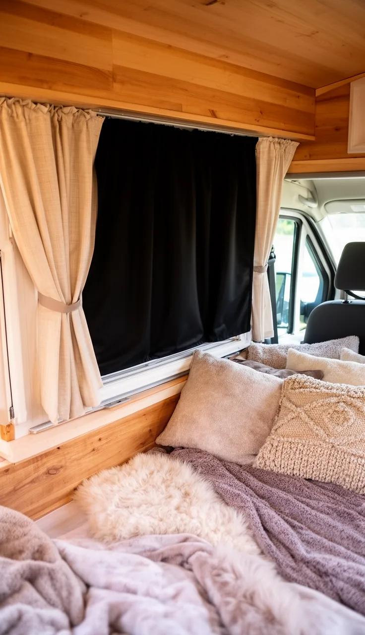 Heavy blackout curtain drawn behind the cab seats of a camper van for privacy