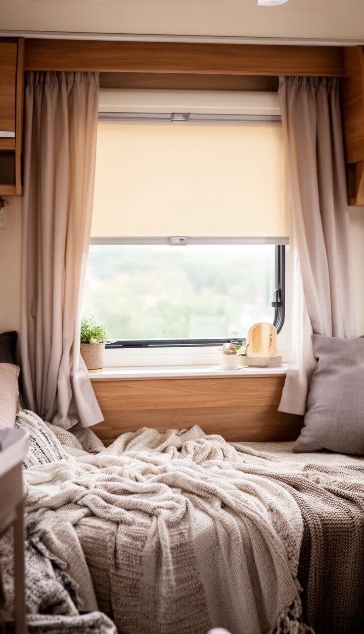 A neat roller shade paired with soft side curtains at a modern camper window
